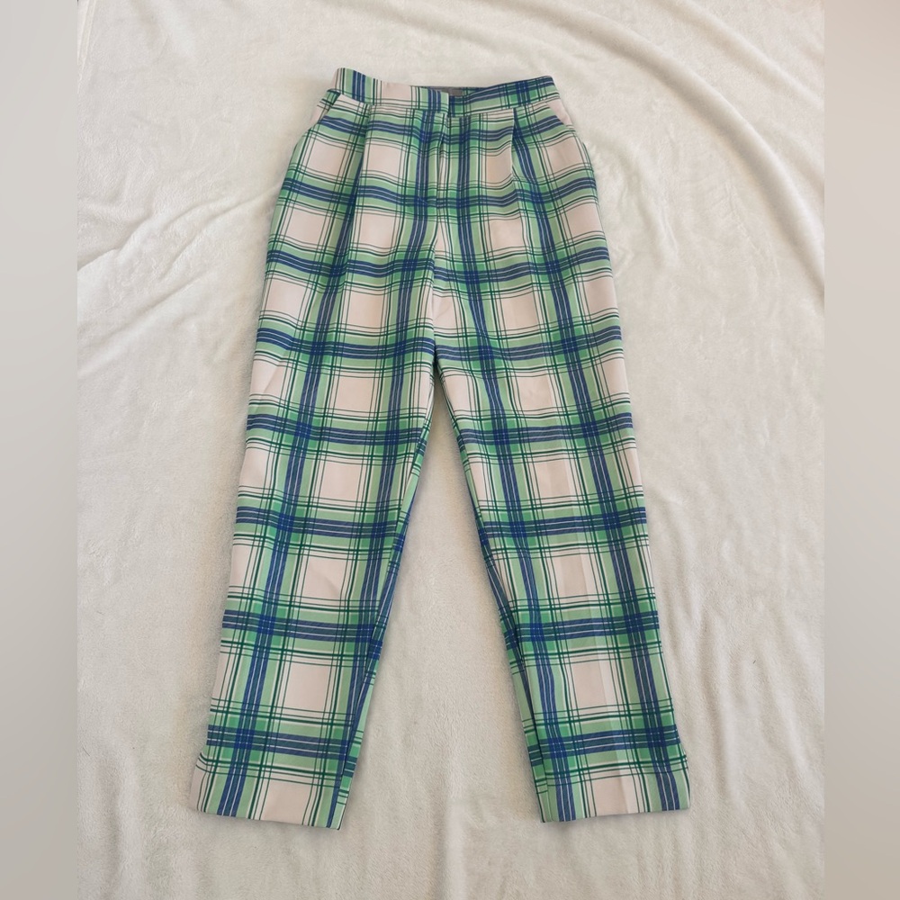 ASOS Green & Blue Plaid High-Waist, Single Pleat Pants.